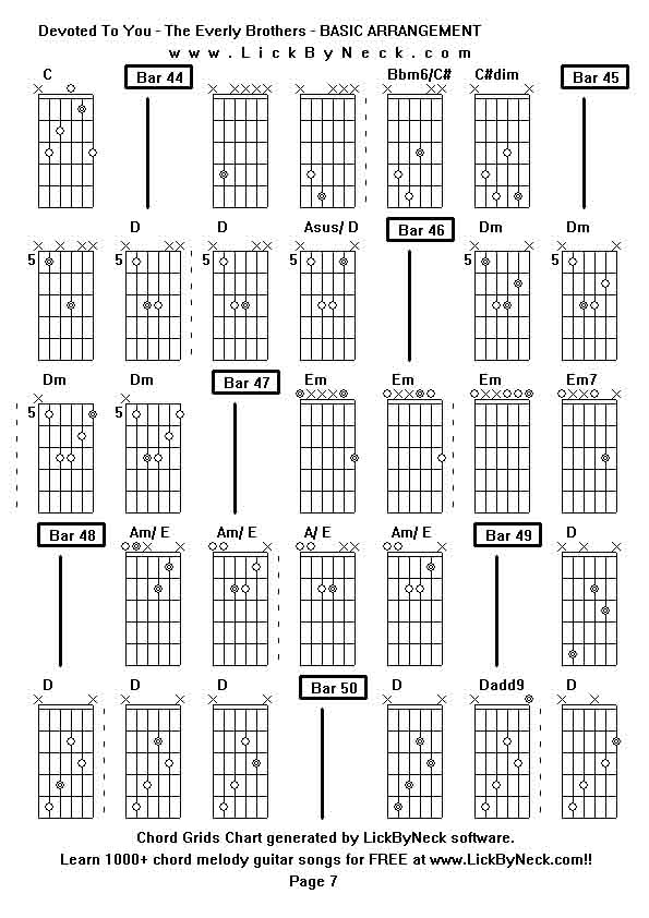 Chord Grids Chart of chord melody fingerstyle guitar song-Devoted To You - The Everly Brothers - BASIC ARRANGEMENT,generated by LickByNeck software.